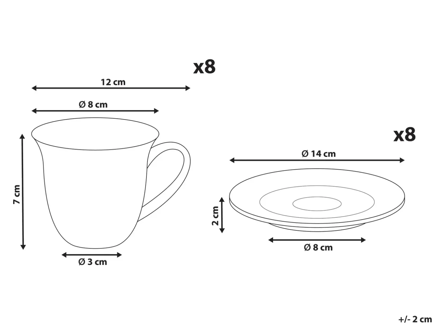8 x kop med underkop ELDERBERRY Porcelæn Hvid