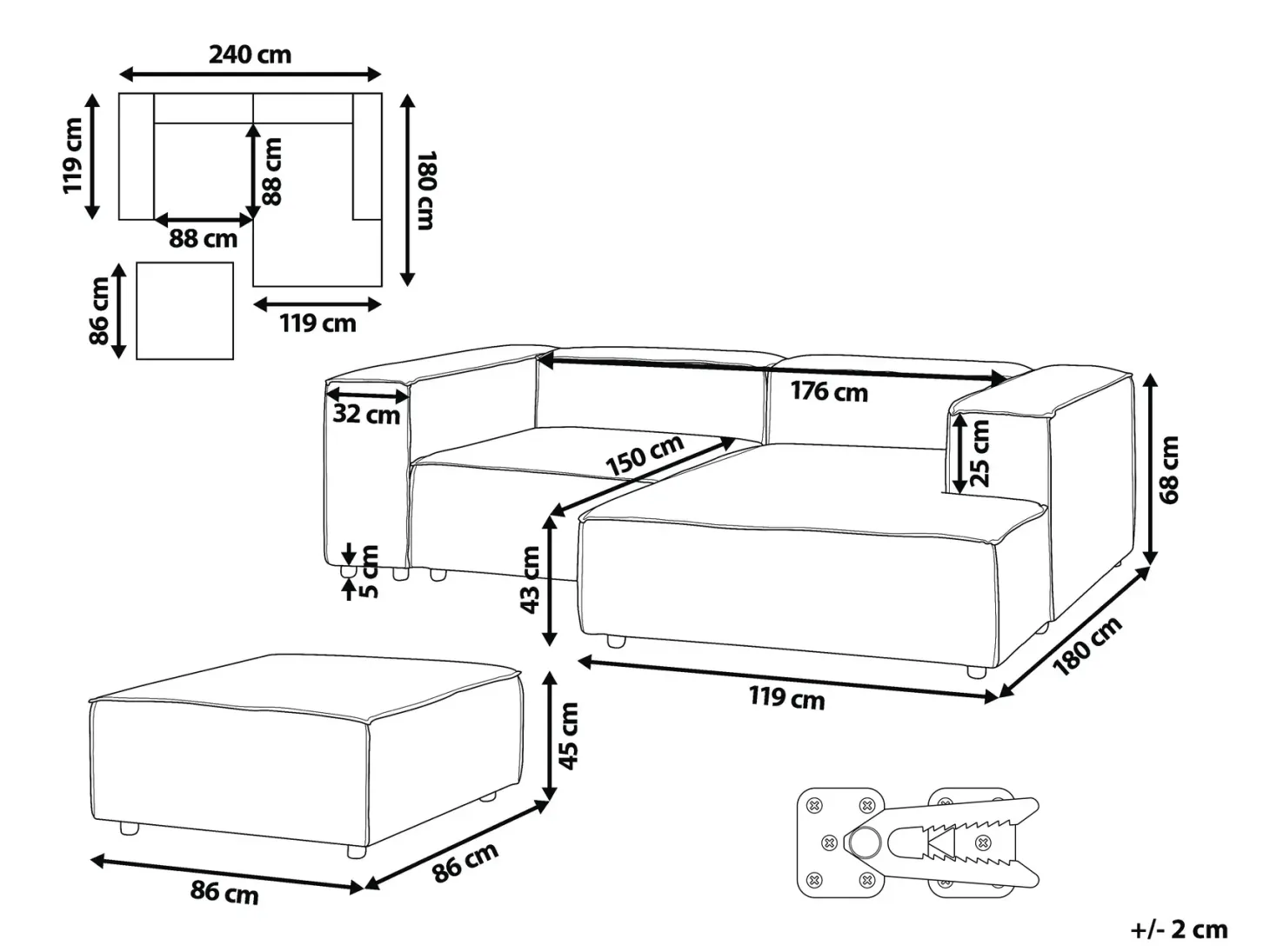 ARDAL 3 personers Hjørnesofa modul Venstrevendt Beige med fodskammel