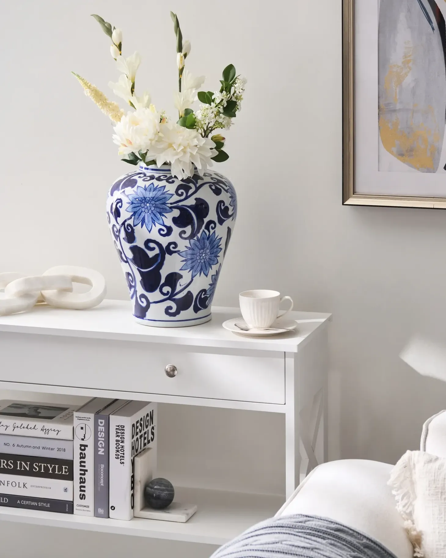 Blomstervase GIRONA Porcelæn 35 cm Hvid/blå