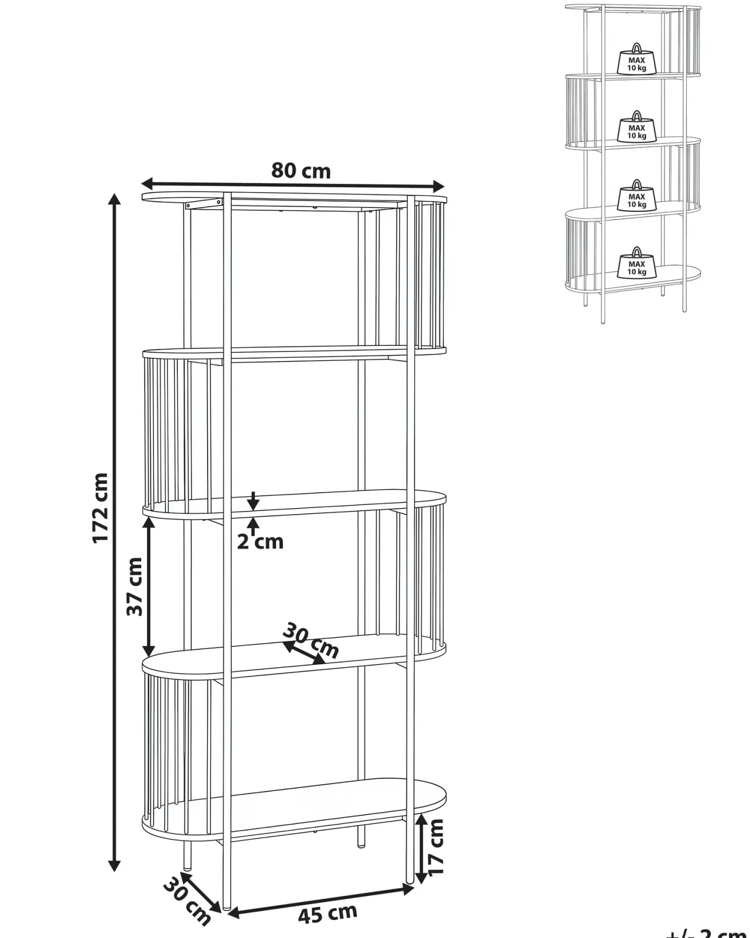 Bogreol med 4 hylder OREANA 172 cm Sort