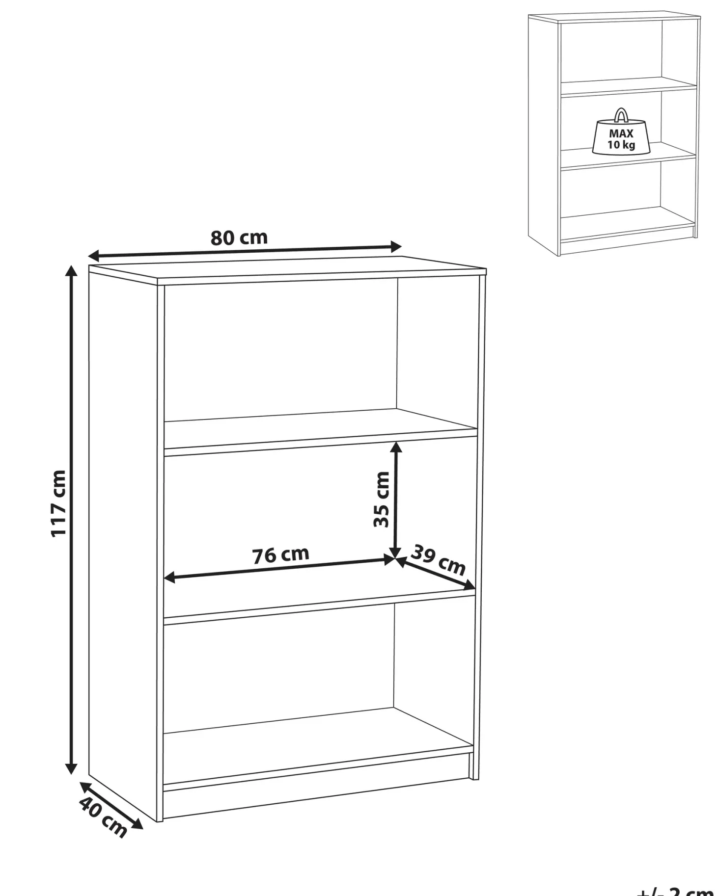 Bogreol med 3 hylder ZEHNA 117 cm Sort