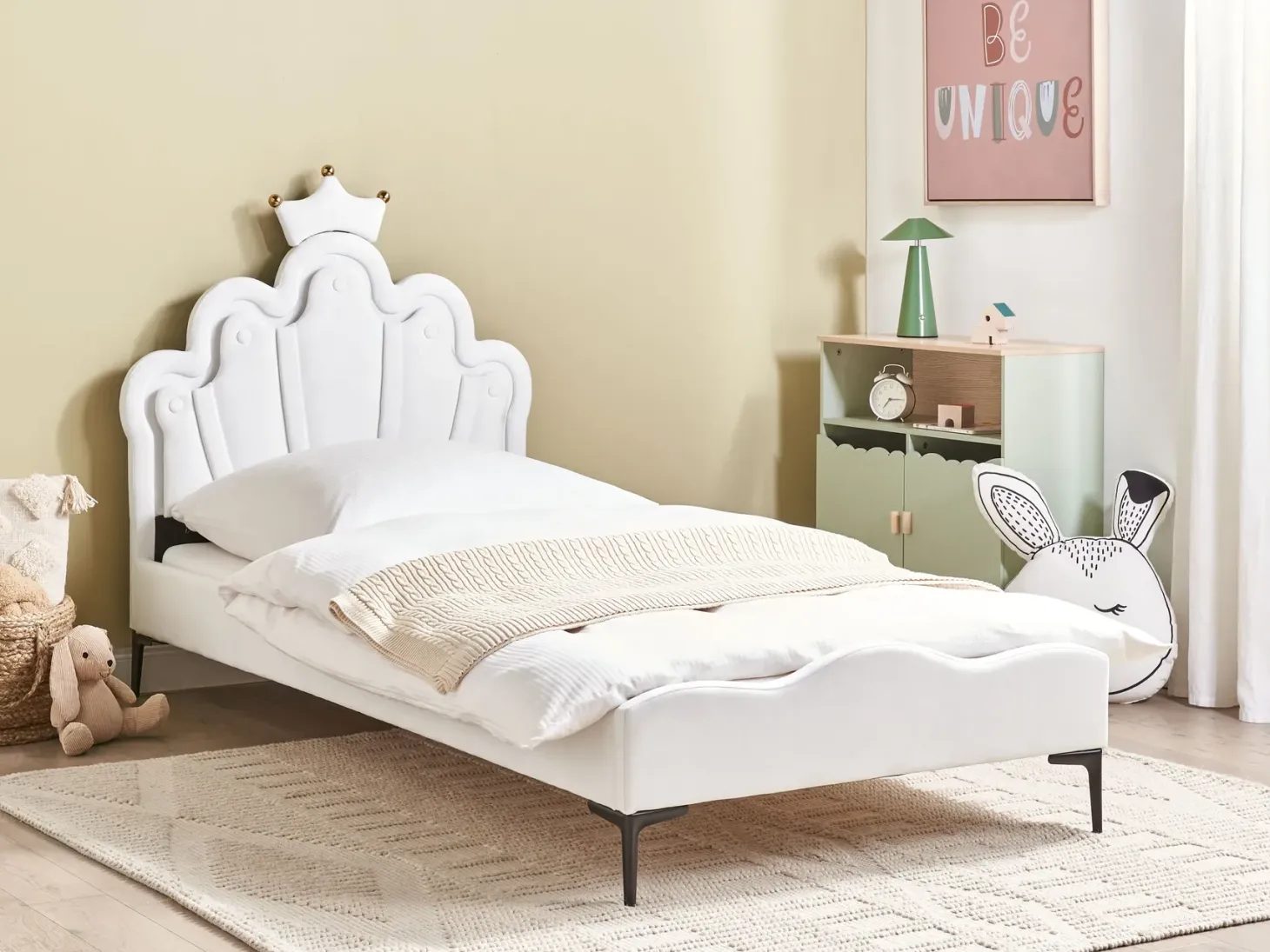 Børneseng Krone Velour RUBIAN 90 x 200 cm Med LED-lys Hvid