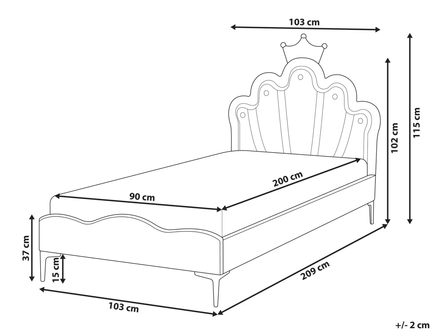 Børneseng Krone Velour RUBIAN 90 x 200 cm Med LED-lys Lyserød