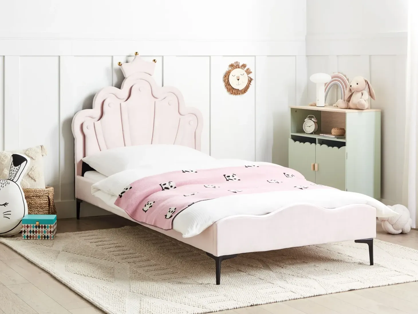 Børneseng Krone Velour RUBIAN 90 x 200 cm Med LED-lys Lyserød