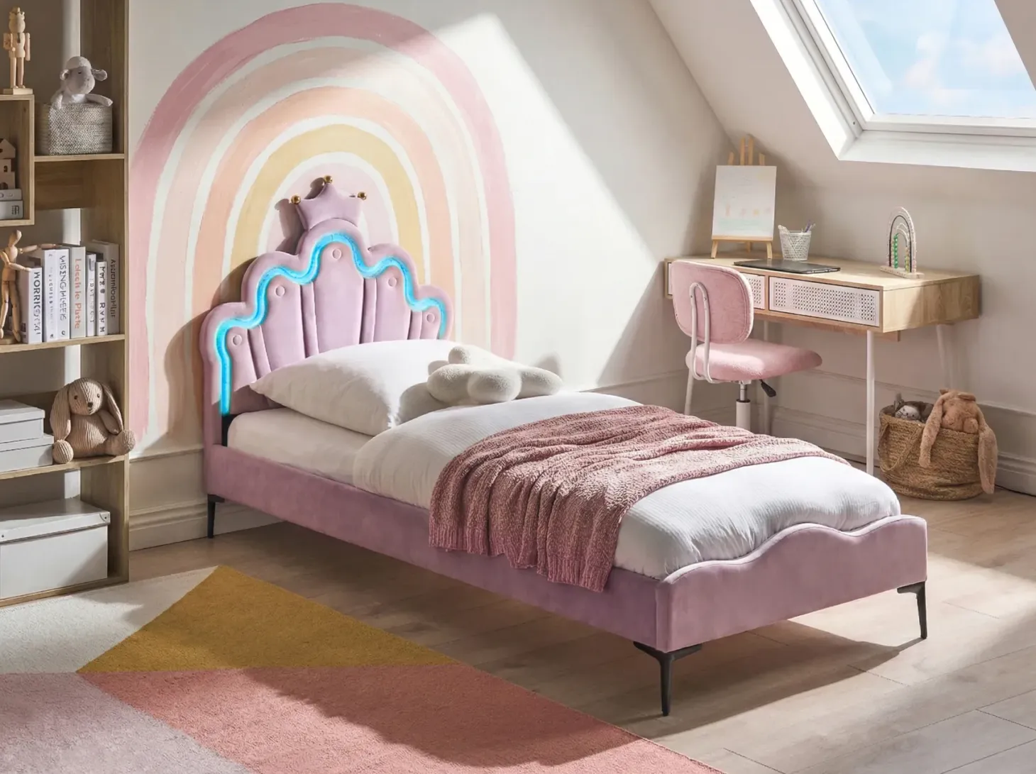 Børneseng Krone Velour RUBIAN 90 x 200 cm Med LED-lys Lilla