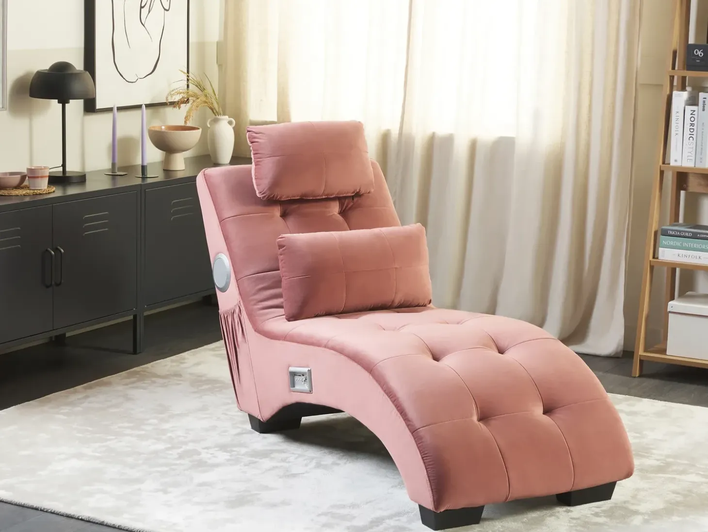 Chaiselong SIMORRE Velour Pastellrosa Med indbygget Bluetooth-højttaler