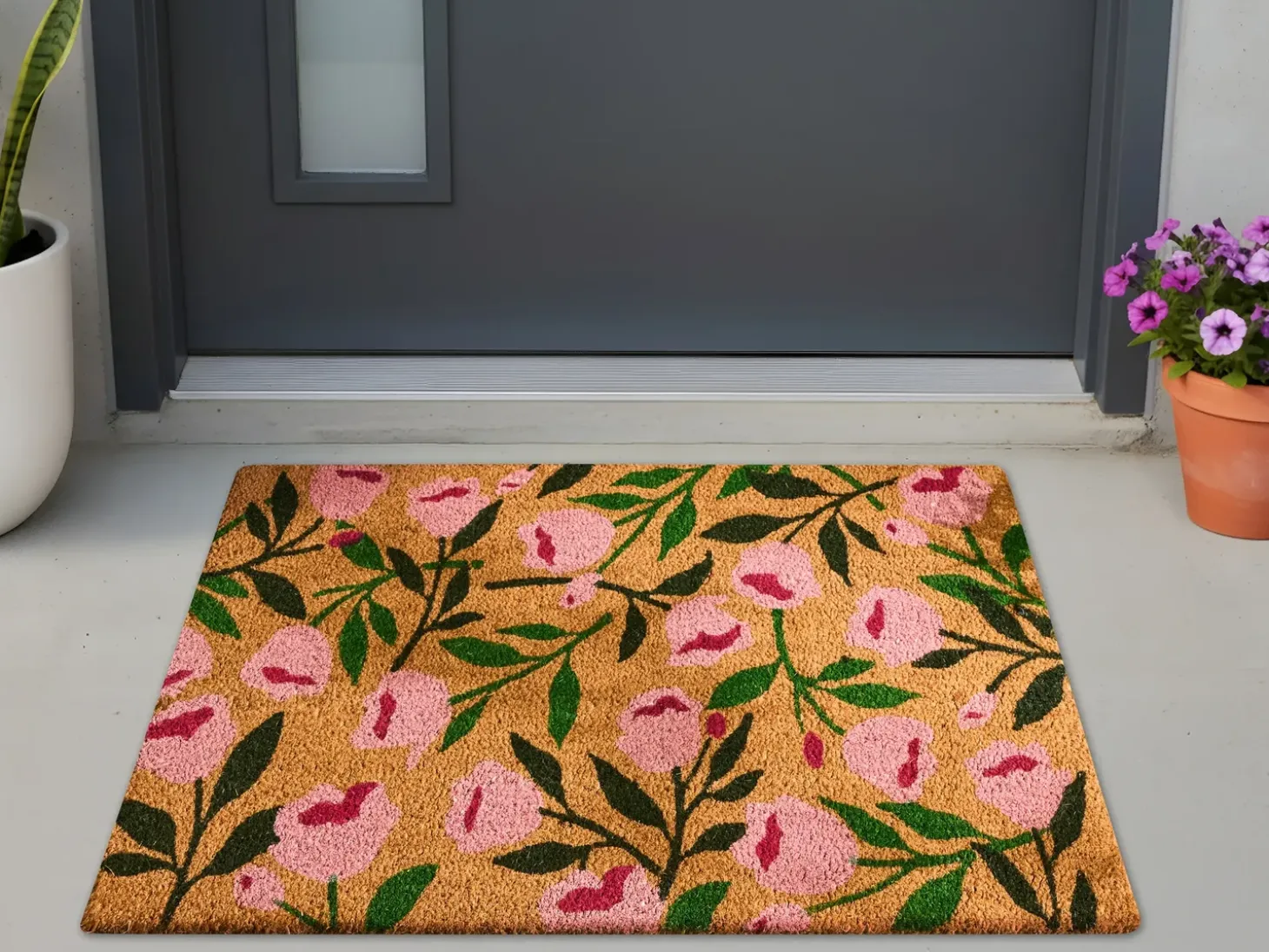 Dørmåtte MANGUAO Naturlig 60 x 90 cm Blomst Kokos