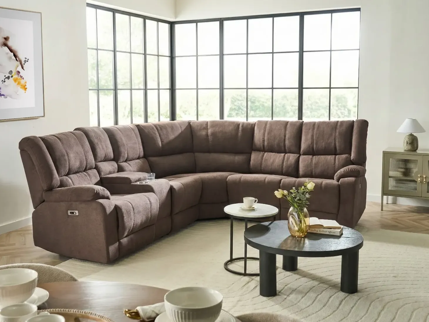 Elektrisk recliner hjørnesofa 5 personers ROKKE Brun med USB-port Venstrevendt