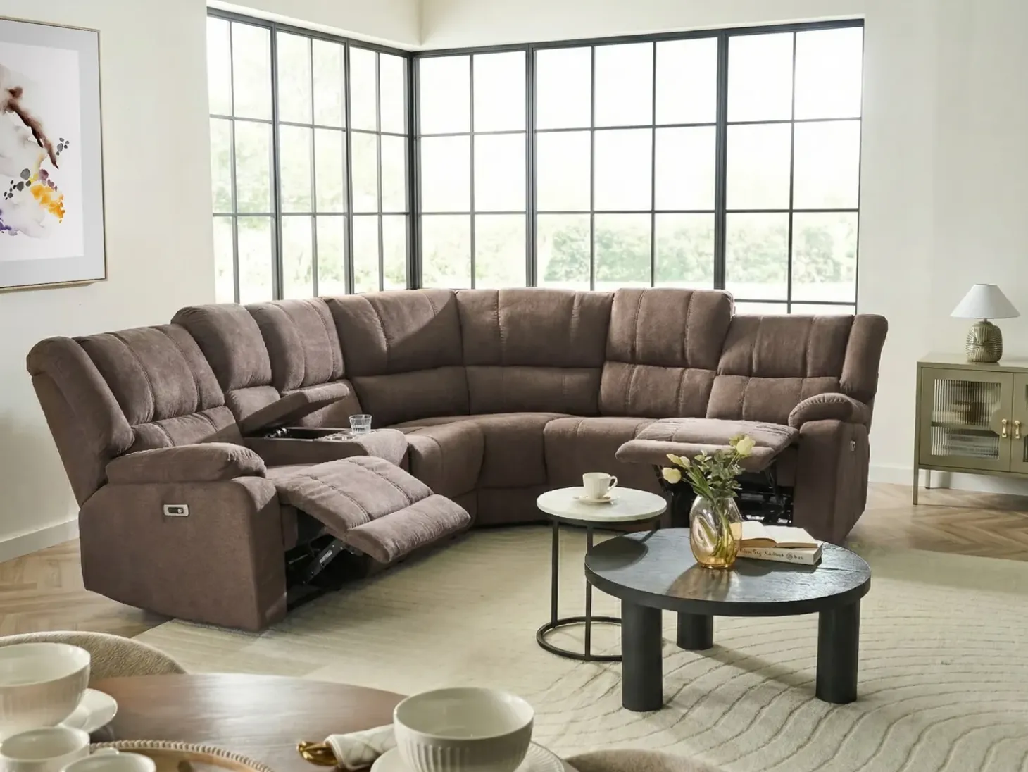 Elektrisk recliner hjørnesofa 5 personers ROKKE Brun med USB-port Venstrevendt
