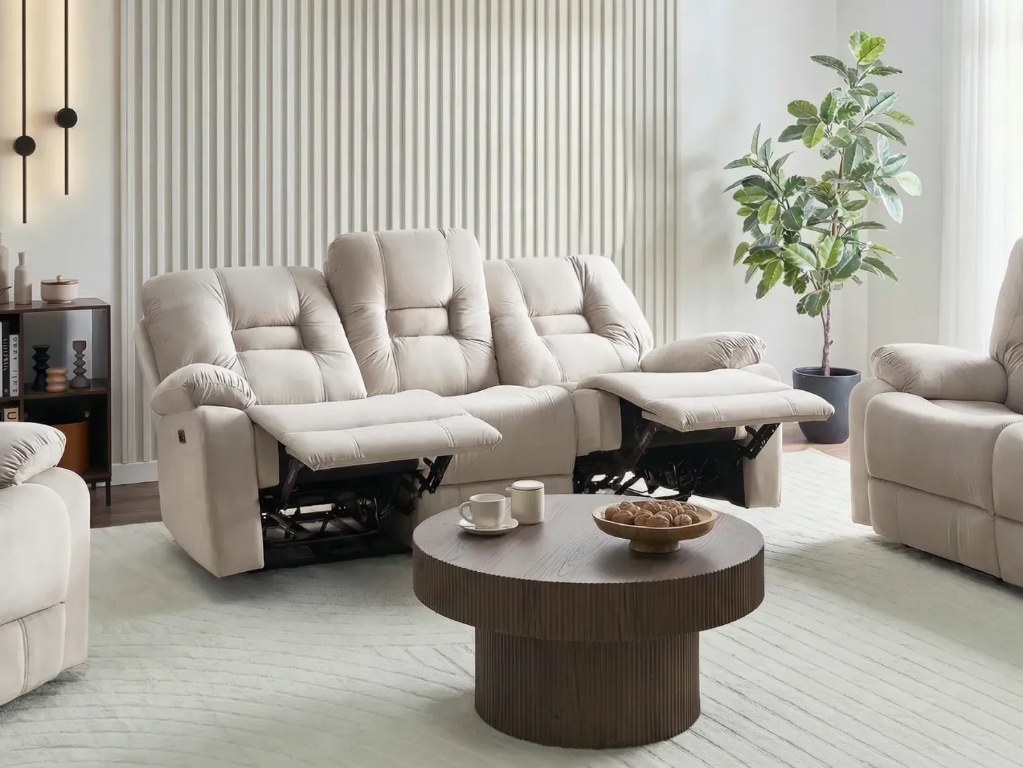 Elektrisk recliner sofa 3 personers BERGEN Velour Lys Beige med USB-port