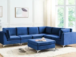 EVJA 6 personers Hjørnesofa modul Venstrevendt Navy Blå Velour med fodskammel