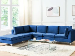 EVJA 5 personers Hjørnesofa modul Højrevendt Navy Blå Velour med fodskammel