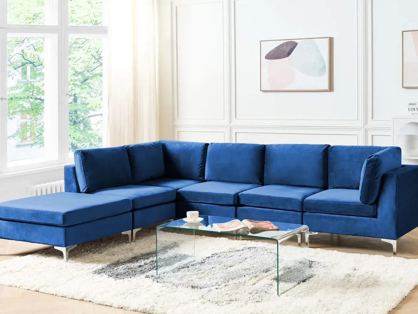 EVJA 5 personers Hjørnesofa modul Højrevendt Navy Blå Velour med fodskammel