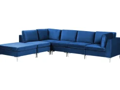 EVJA 5 personers Hjørnesofa modul Højrevendt Navy Blå Velour med fodskammel