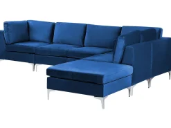 EVJA 5 personers Hjørnesofa modul Venstrevendt Navy Blå Velour med fodskammel
