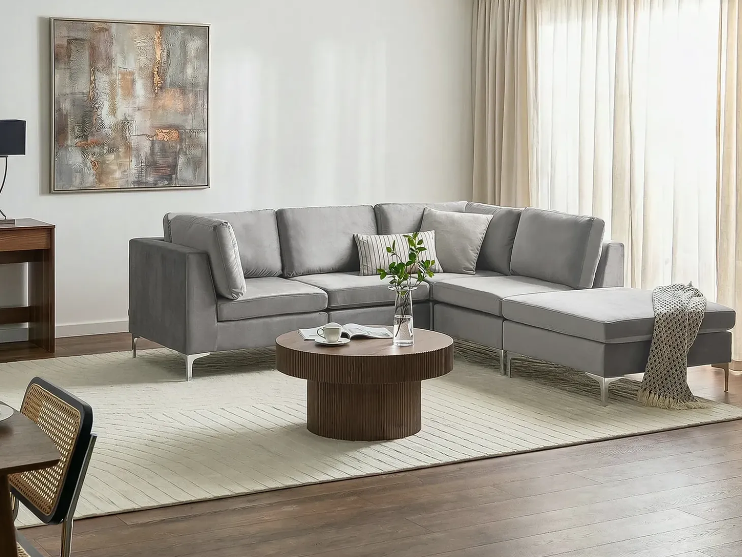 EVJA 4 personers Hjørnesofa modul Venstrevendt Grå Velour med fodskammel
