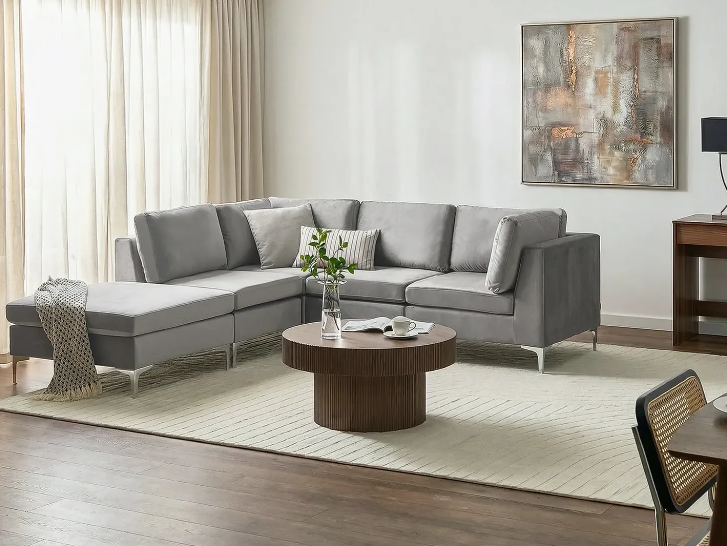 EVJA 4 personers Hjørnesofa modul Højrevendt Grå Velour med fodskammel