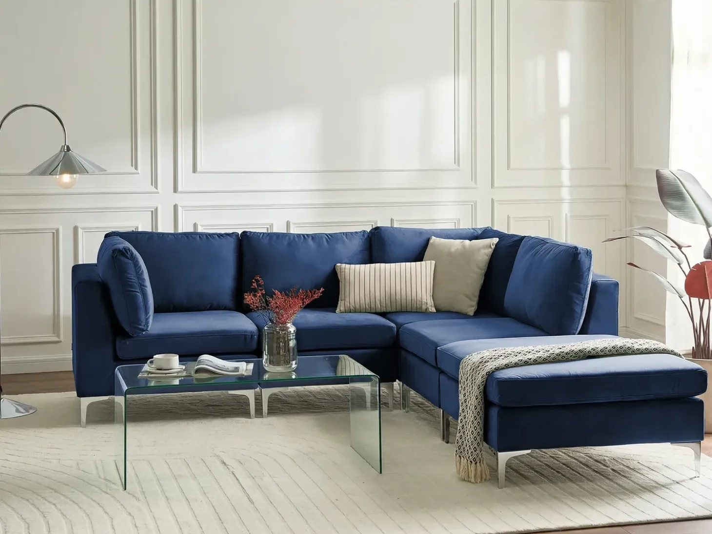 EVJA 4 personers Hjørnesofa modul Venstrevendt Navy Blå Velour med fodskammel