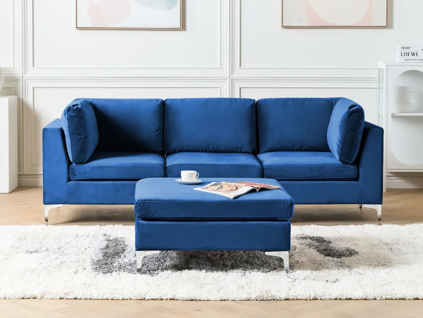 EVJA 3 personers Modulsofa Navy Blå Velour med fodskammel