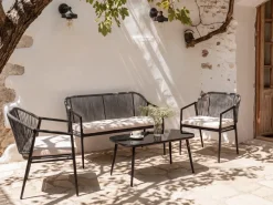 FLERO 4 personers Loungesæt med bord Sort PE-rattan