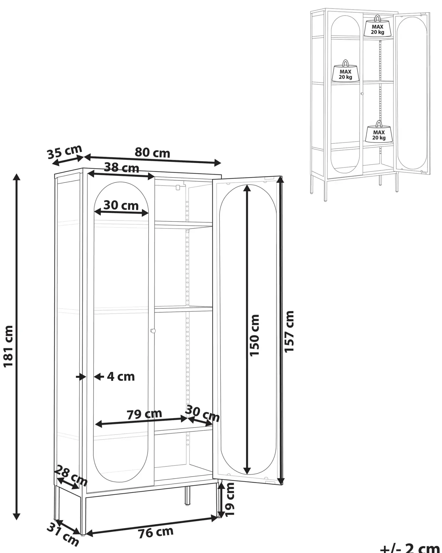 Glas vitrineskab FOXTON Metal 80 cm Sort