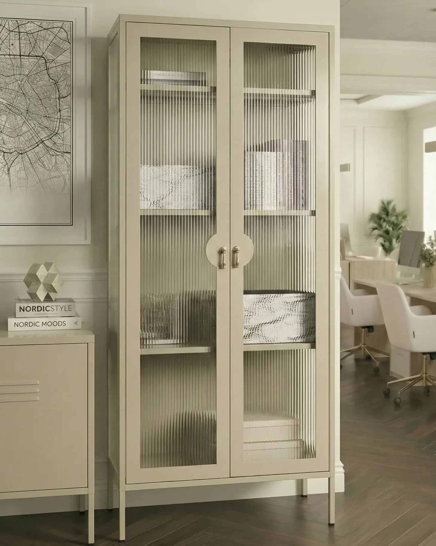 Glas vitrineskab GLEORA Metal Lys Beige