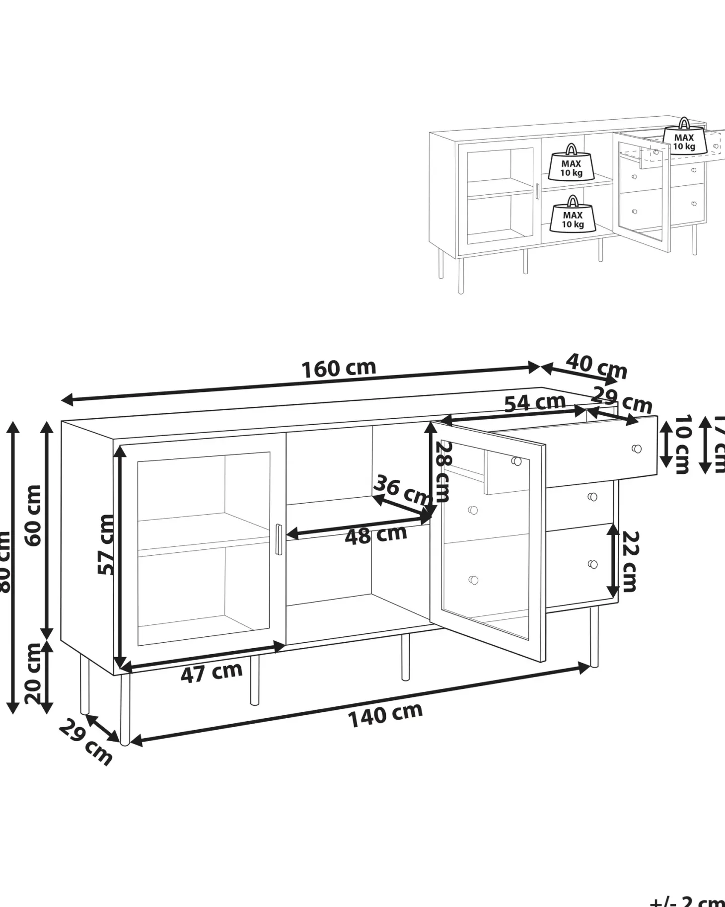 Glas vitrine skænk MILORA 160 cm Hvid