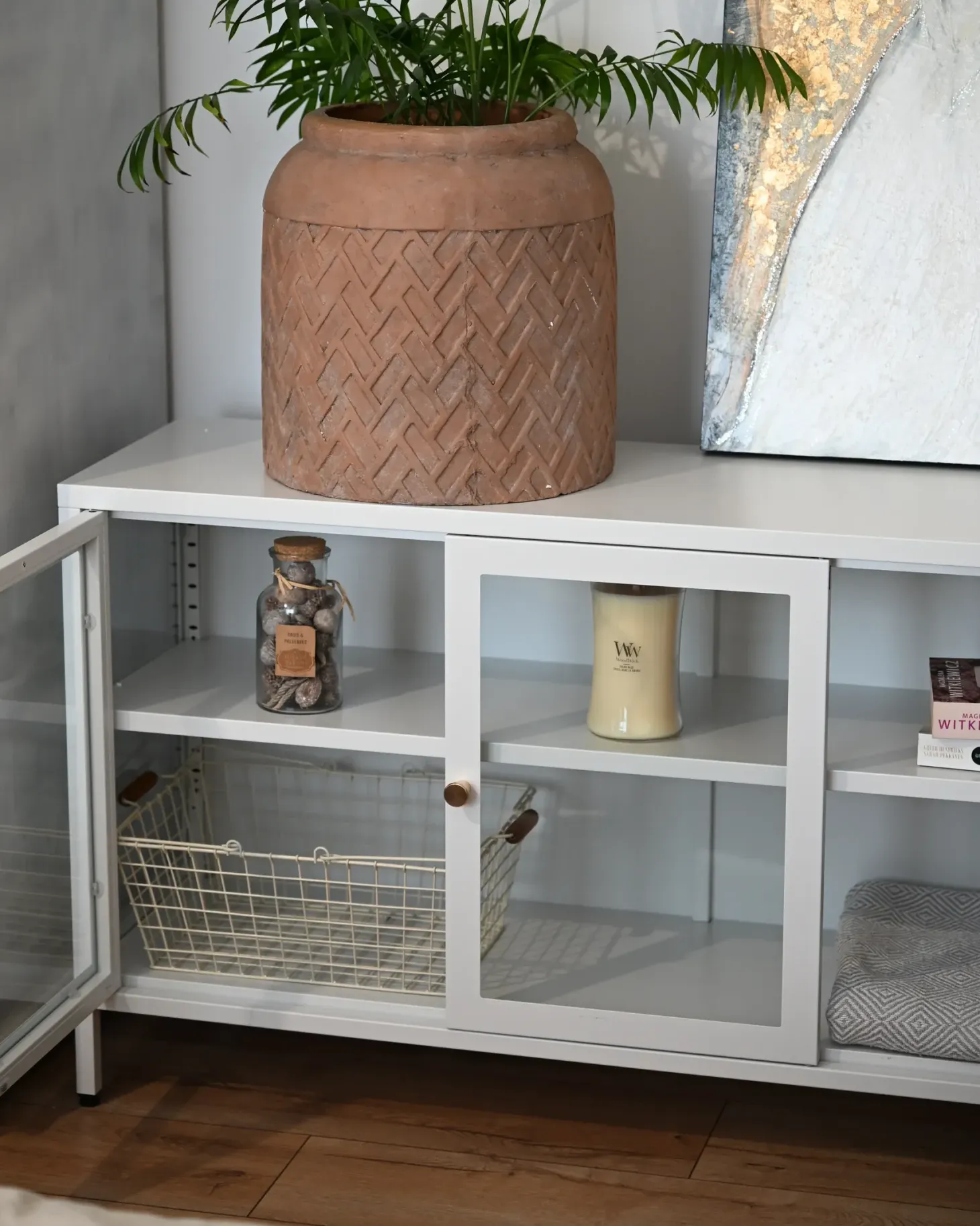 Glas vitrine skænk NEWPORT Metal 115 cm Hvid