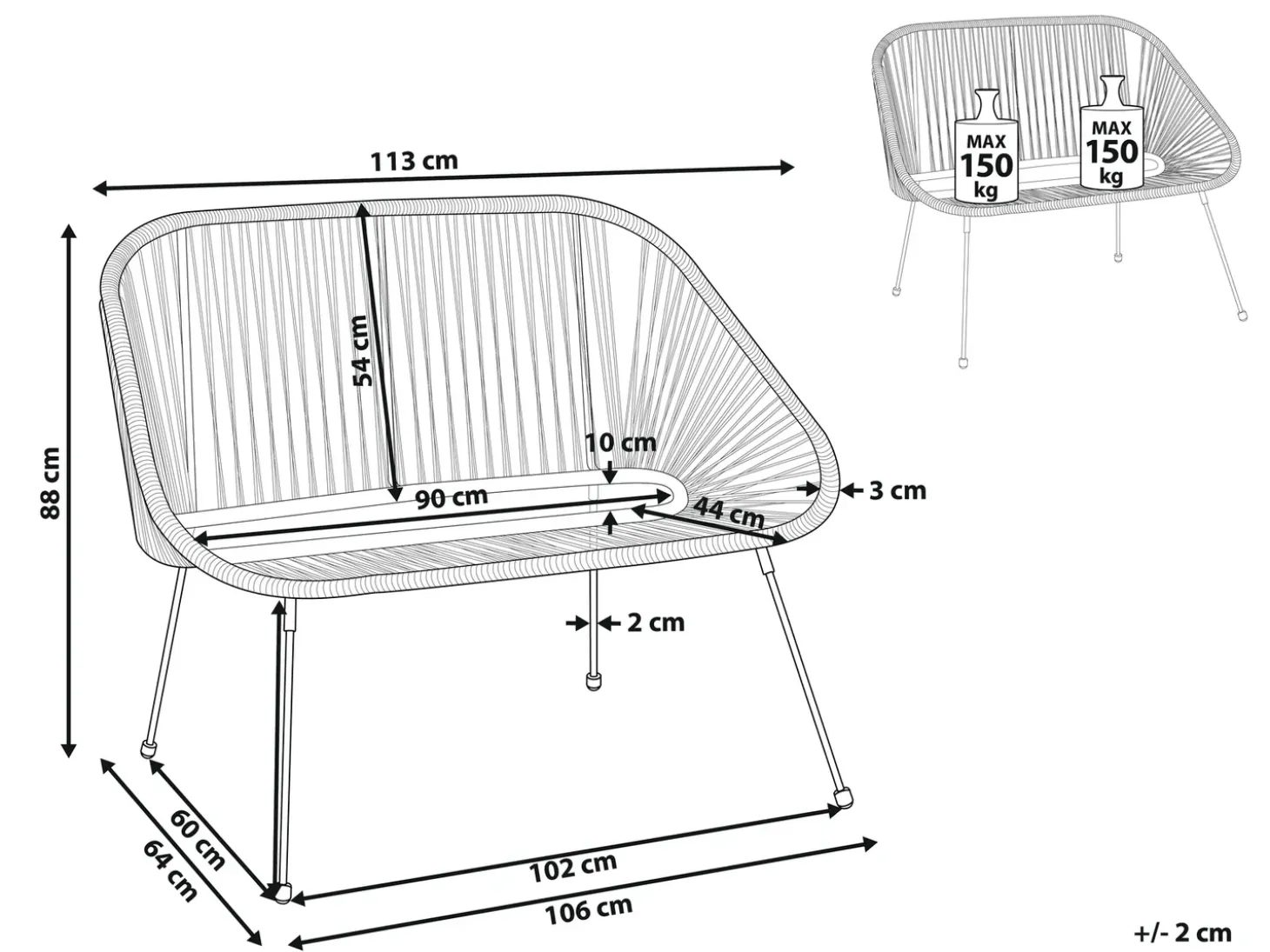 Havebænk ACAPULCO II 113 cm PE-rattan Sort