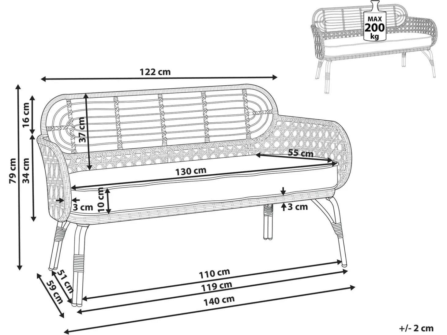 Havebænk med hynde PRATELLO 122 cm PE-rattan Naturlig
