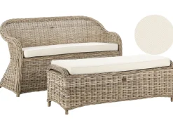 Havebænk med hynde SUSUA 141 cm med fodskammel Rattan Naturlig