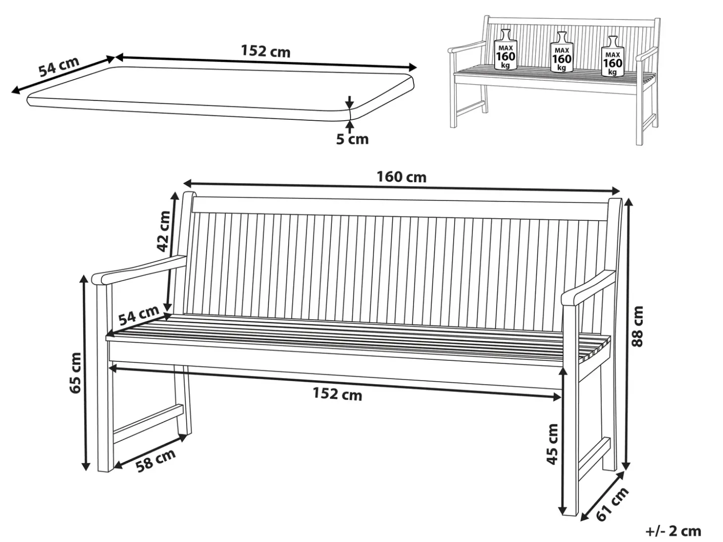 Havebænk med hynde VIVARA 160 cm Certificeret akacietræ Beige
