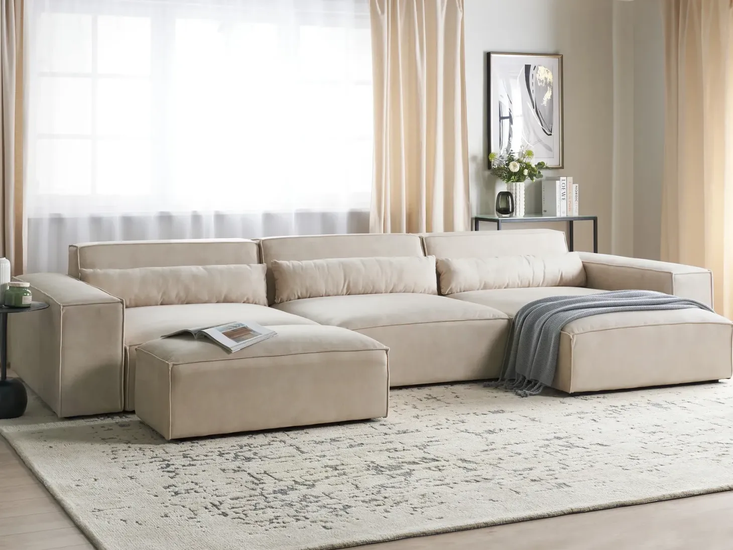 HELLNAR 5 personers Hjørnesofa modul Venstrevendt Lys Beige Velour med fodskammel