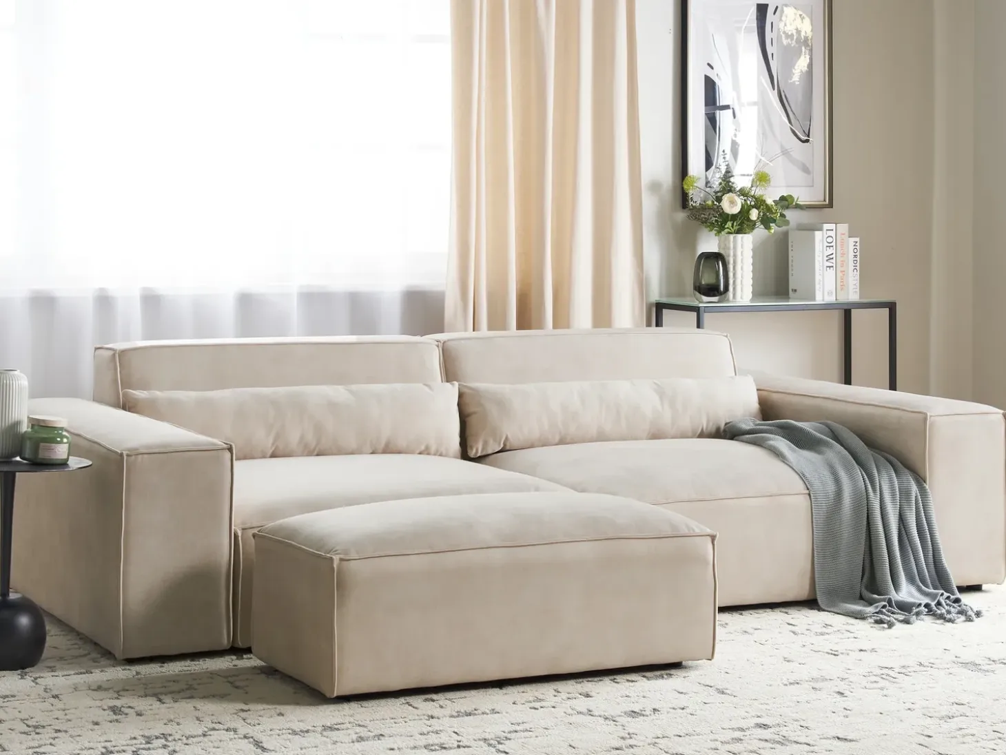 HELLNAR 3 personers Modulsofa Lys Beige Velour med fodskammel