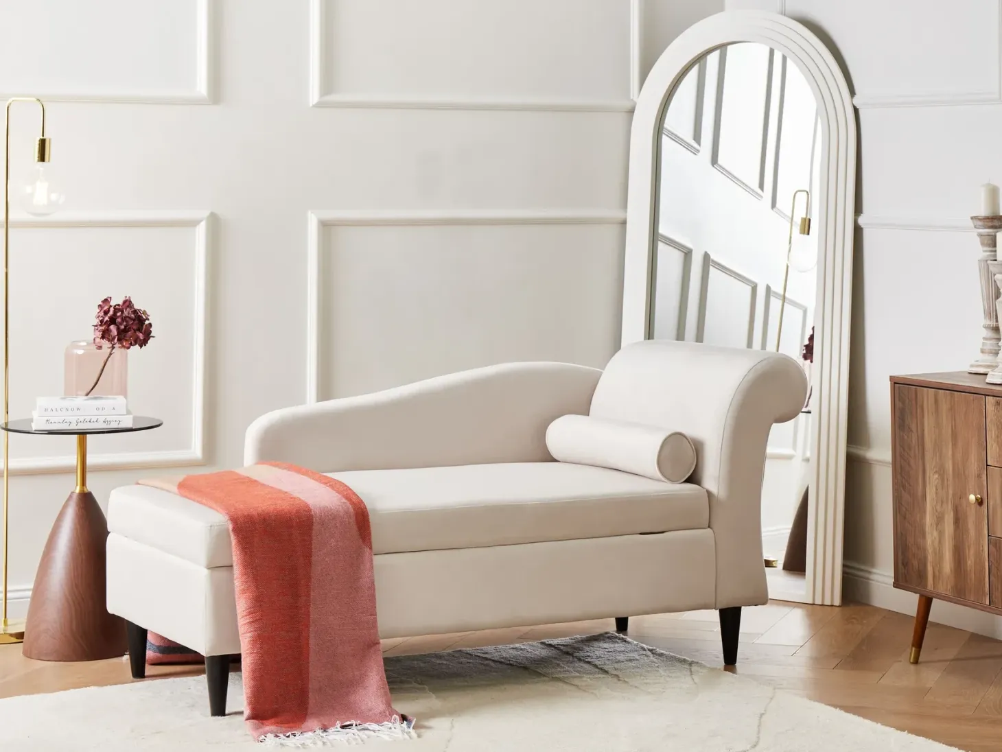 Højrevendt chaiselong LUIRO Velour Beige med opbevaring