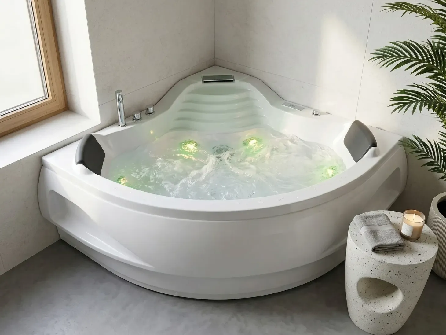 Hjørne-boblebad med LED MONACO Med indbygget Bluetooth-højttaler 210 x 145 cm Hvid