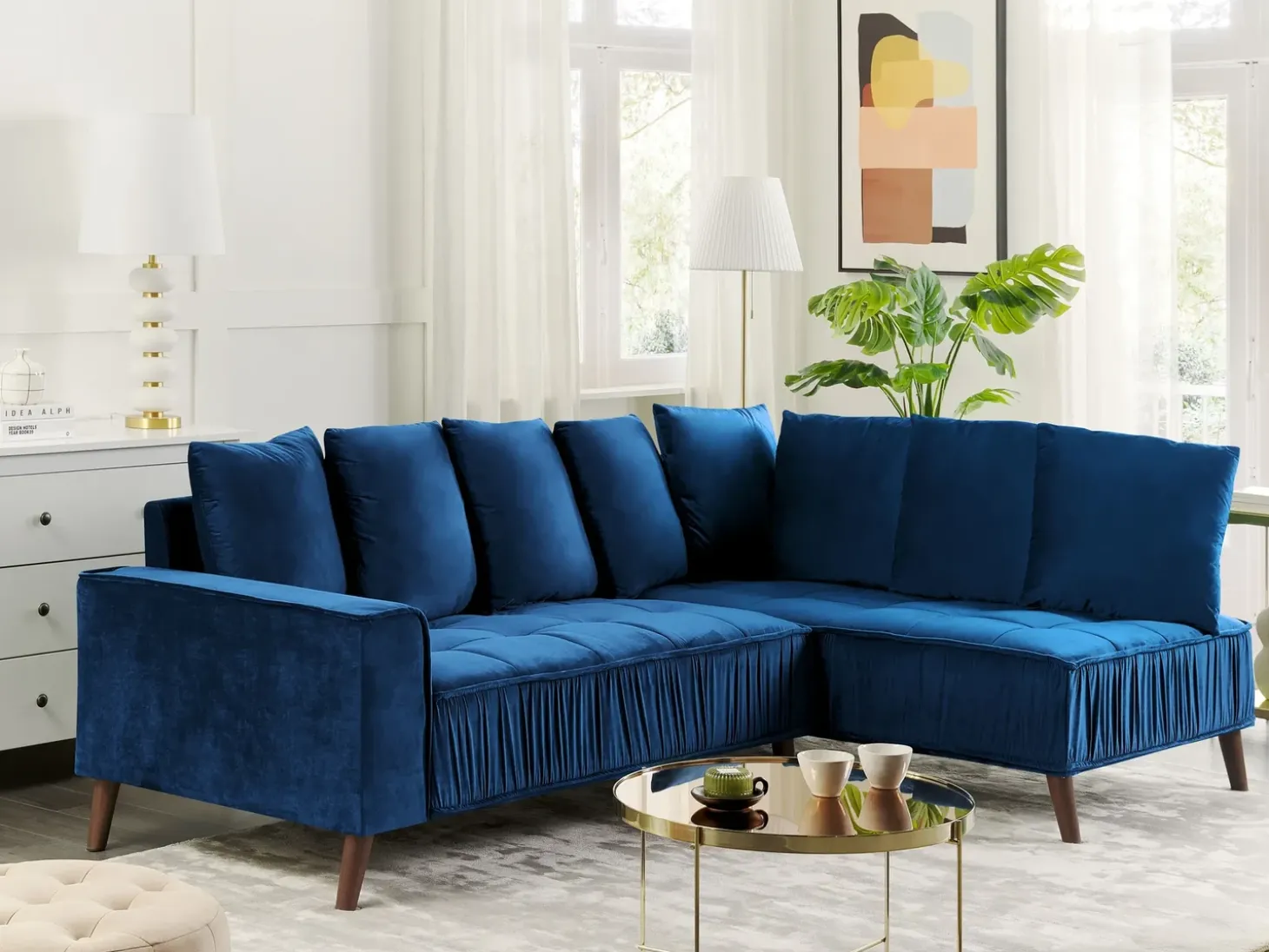 Hjørnesofa 3 personers GRENA Velour Navy Blå Venstrevendt