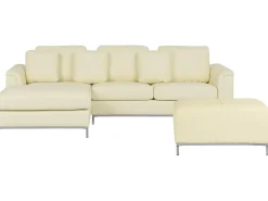 Hjørnesofa 5 personers OSLO Ægte læder Lys Beige med fodskammel Højrevendt