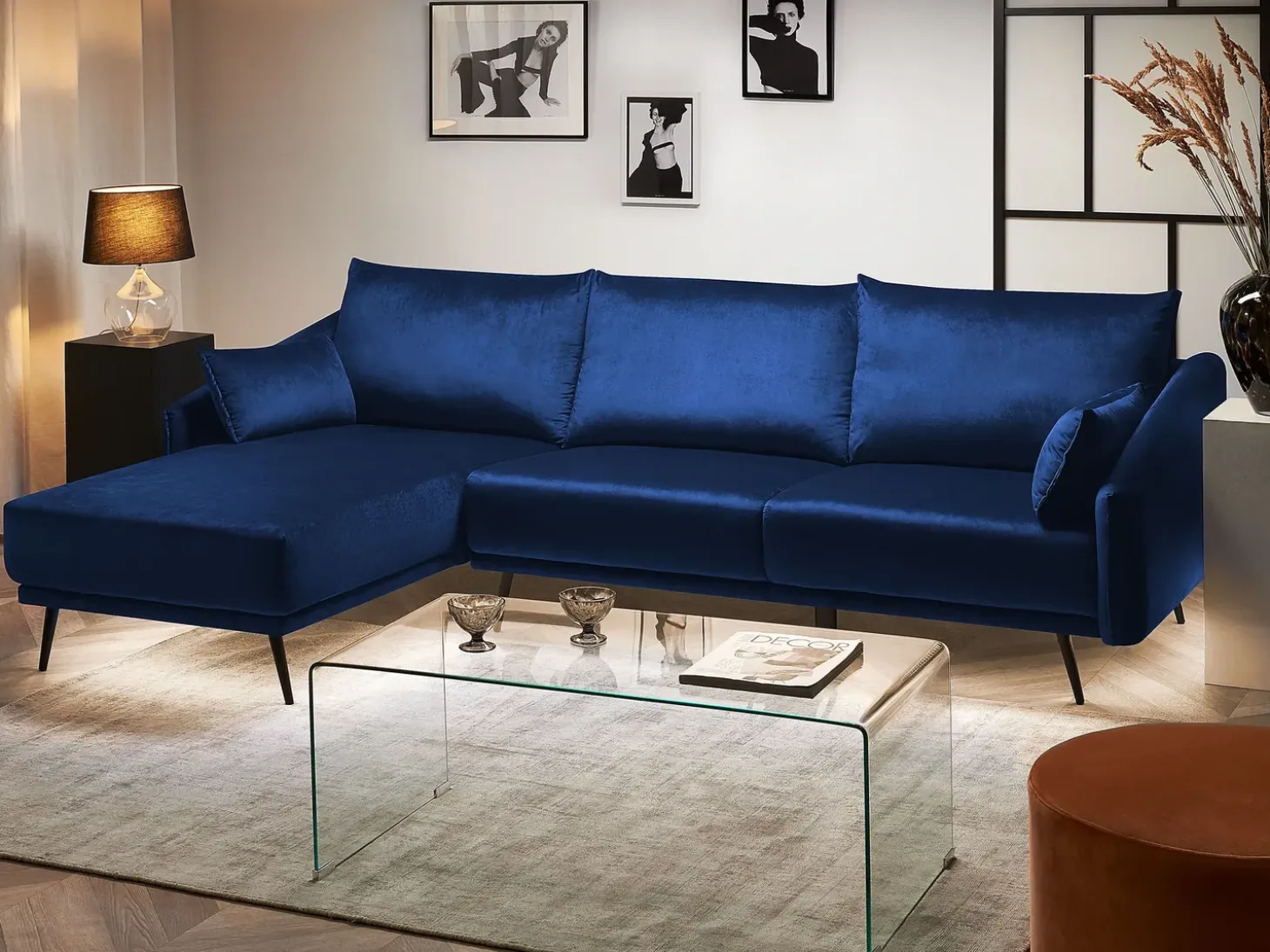 Hjørnesofa 3 personers VARDE Velour Navy Blå LED Højrevendt