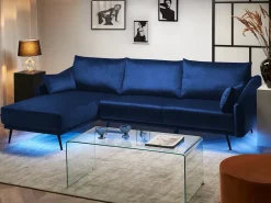 Hjørnesofa 3 personers VARDE Velour Navy Blå LED Højrevendt