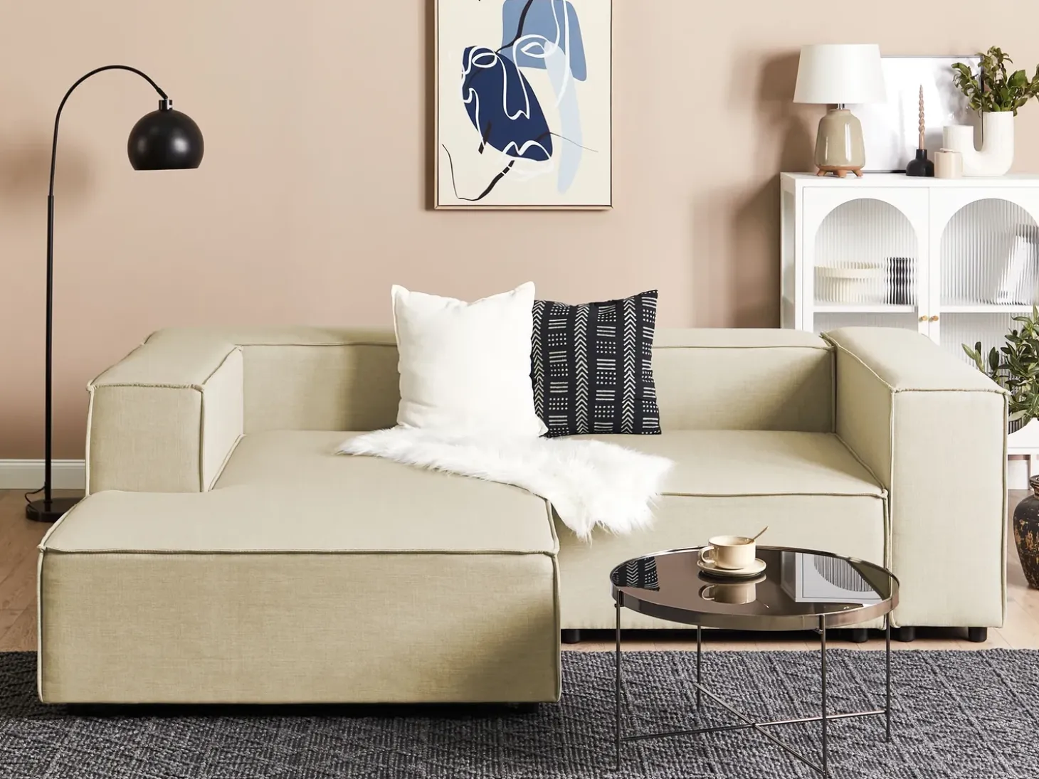 Hjørnesofa modul 2 personers APRICA Kunstlinned Beige Højrevendt