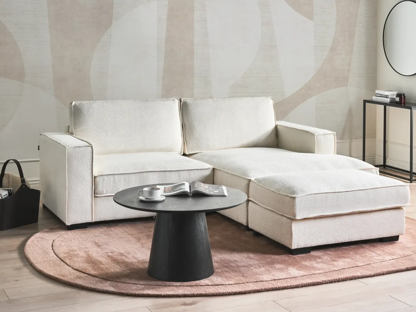 Hjørnesofa KOLDING Boucle Lys Beige med fodskammel Venstrevendt