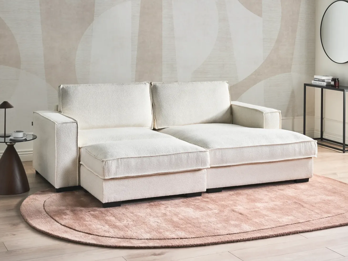 Hjørnesofa KOLDING Boucle Lys Beige med fodskammel Venstrevendt