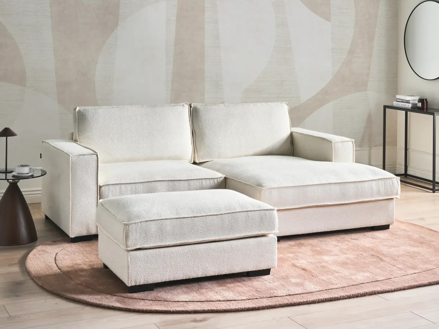Hjørnesofa KOLDING Boucle Lys Beige med fodskammel Venstrevendt