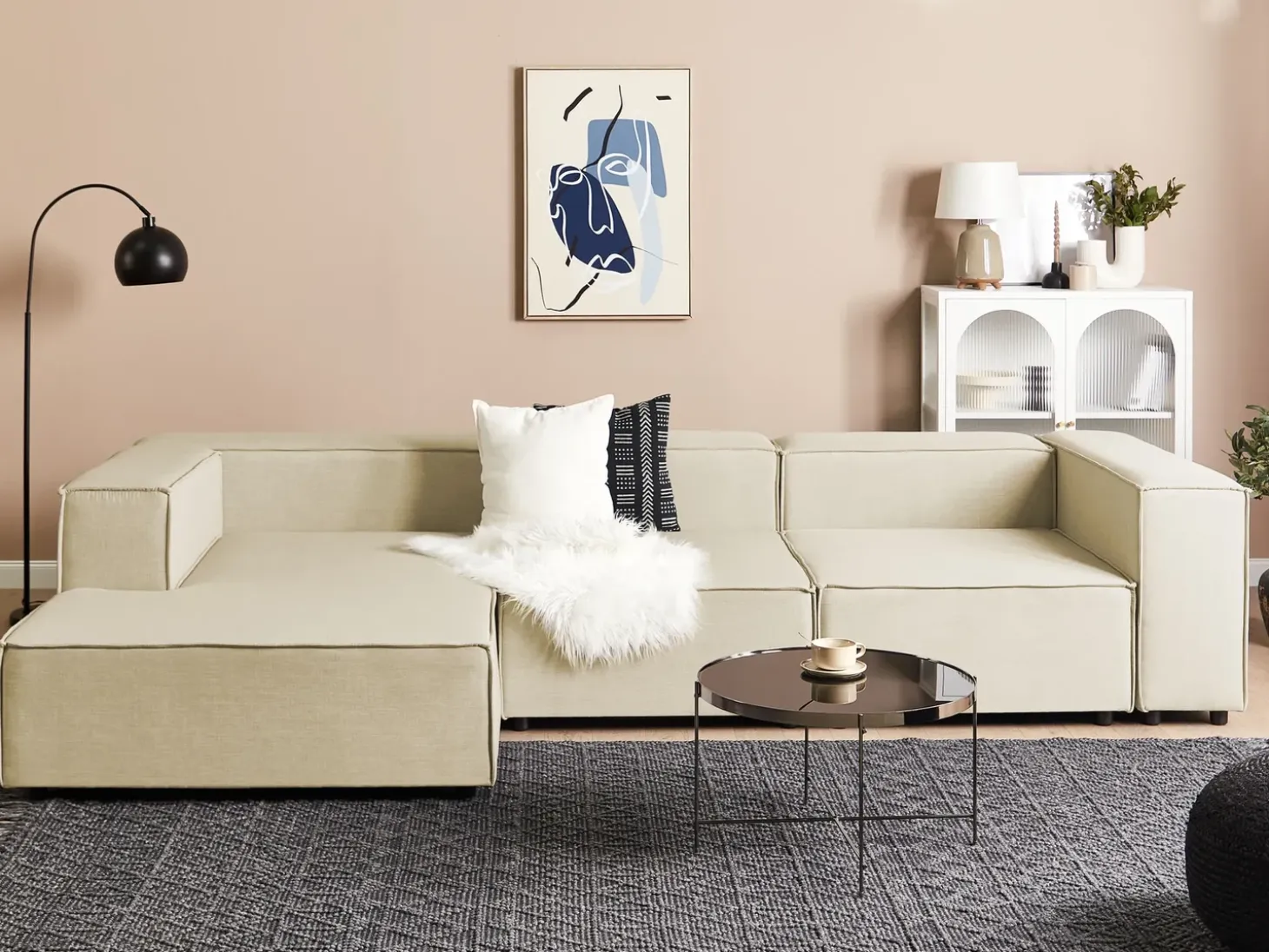 Hjørnesofa modul 3 personers APRICA Kunstlinned Beige Højrevendt