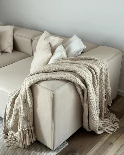 Hjørnesofa modul 3 personers APRICA Kunstlinned Beige med fodskammel Højrevendt