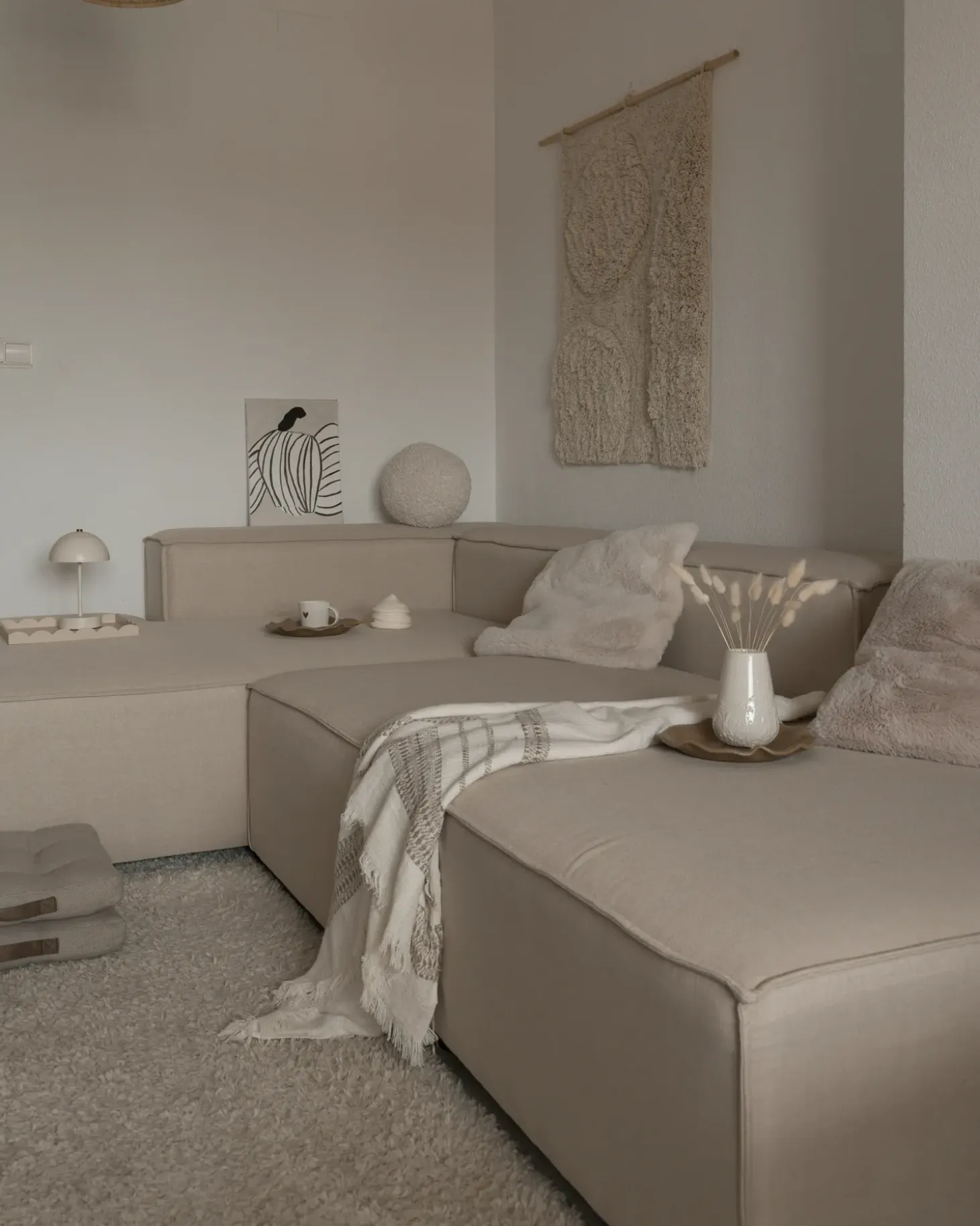 Hjørnesofa modul 3 personers APRICA Kunstlinned Beige med fodskammel Højrevendt