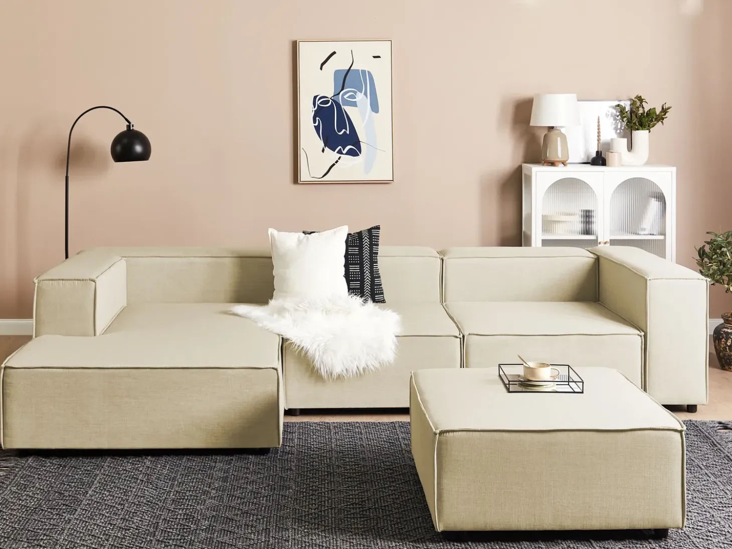 Hjørnesofa modul 3 personers APRICA Kunstlinned Beige med fodskammel Højrevendt