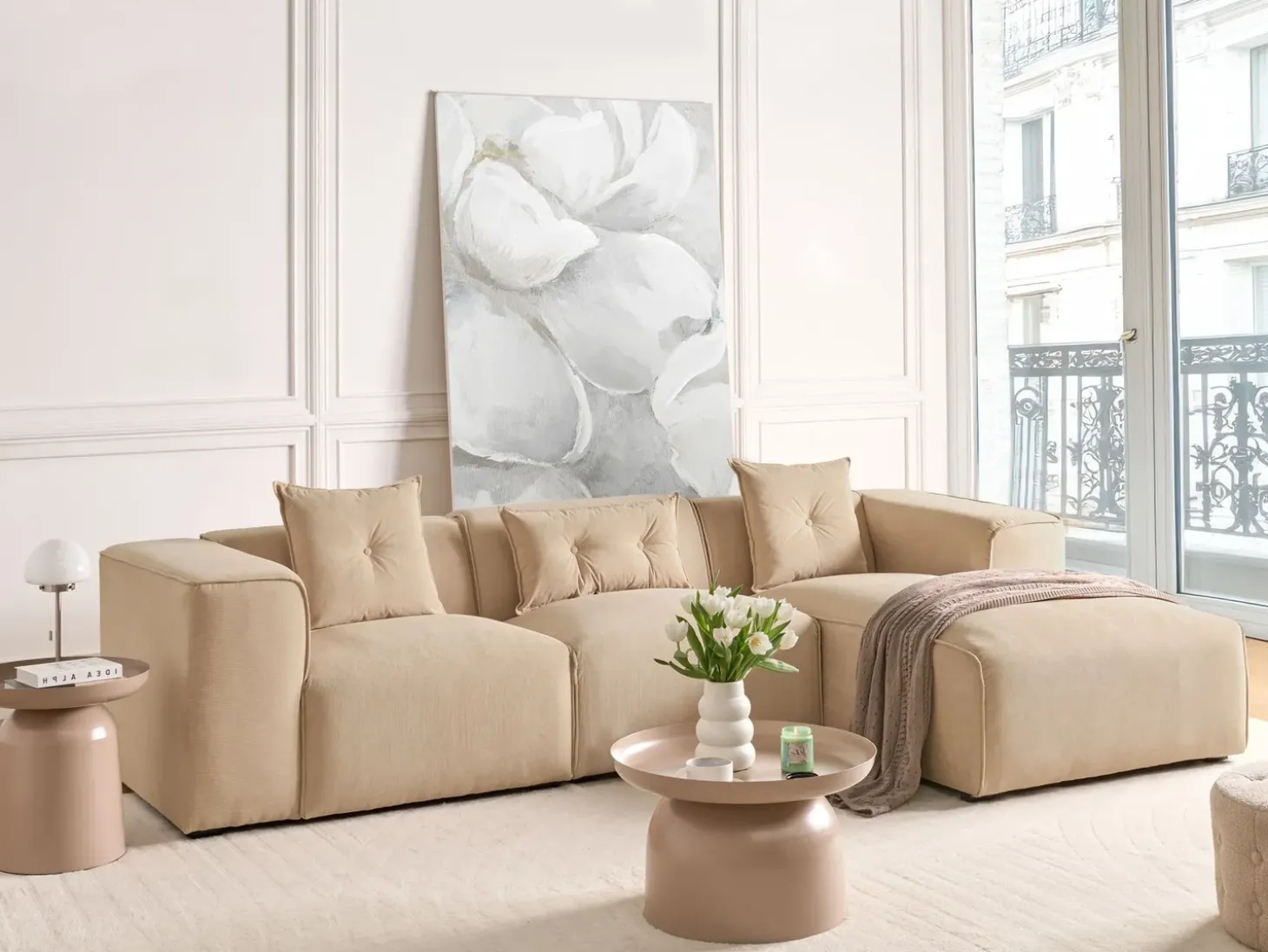 Hjørnesofa 3 personers DOLVA Fløjl Beige Venstrevendt