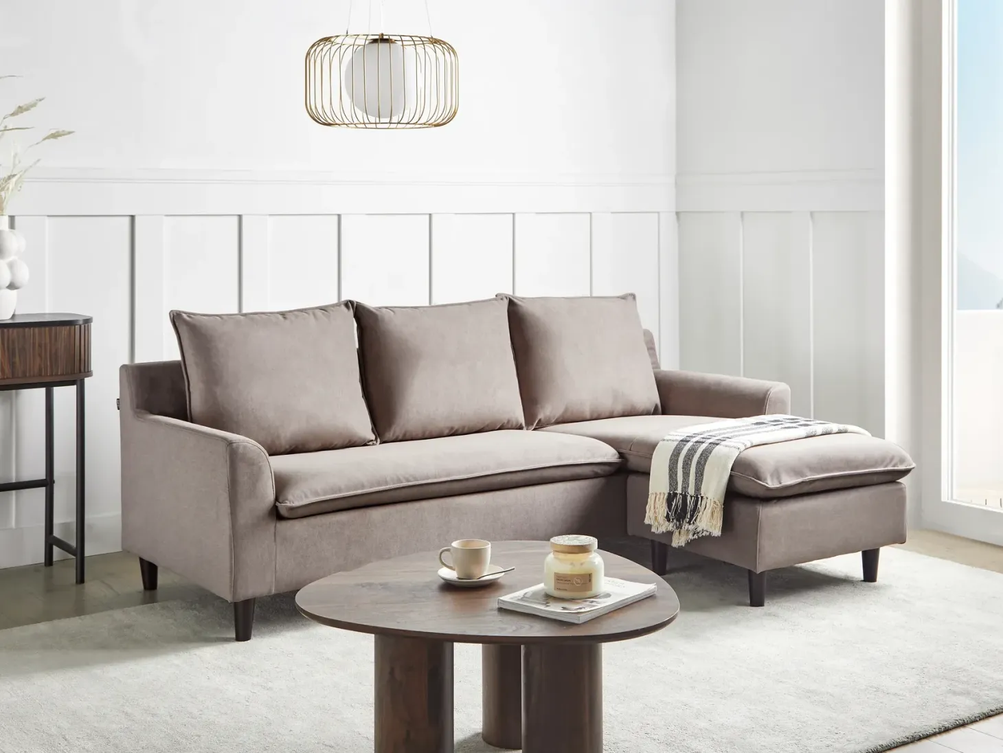 Hjørnesofa 3 personers ELVENES Velour Brungrå Venstrevendt